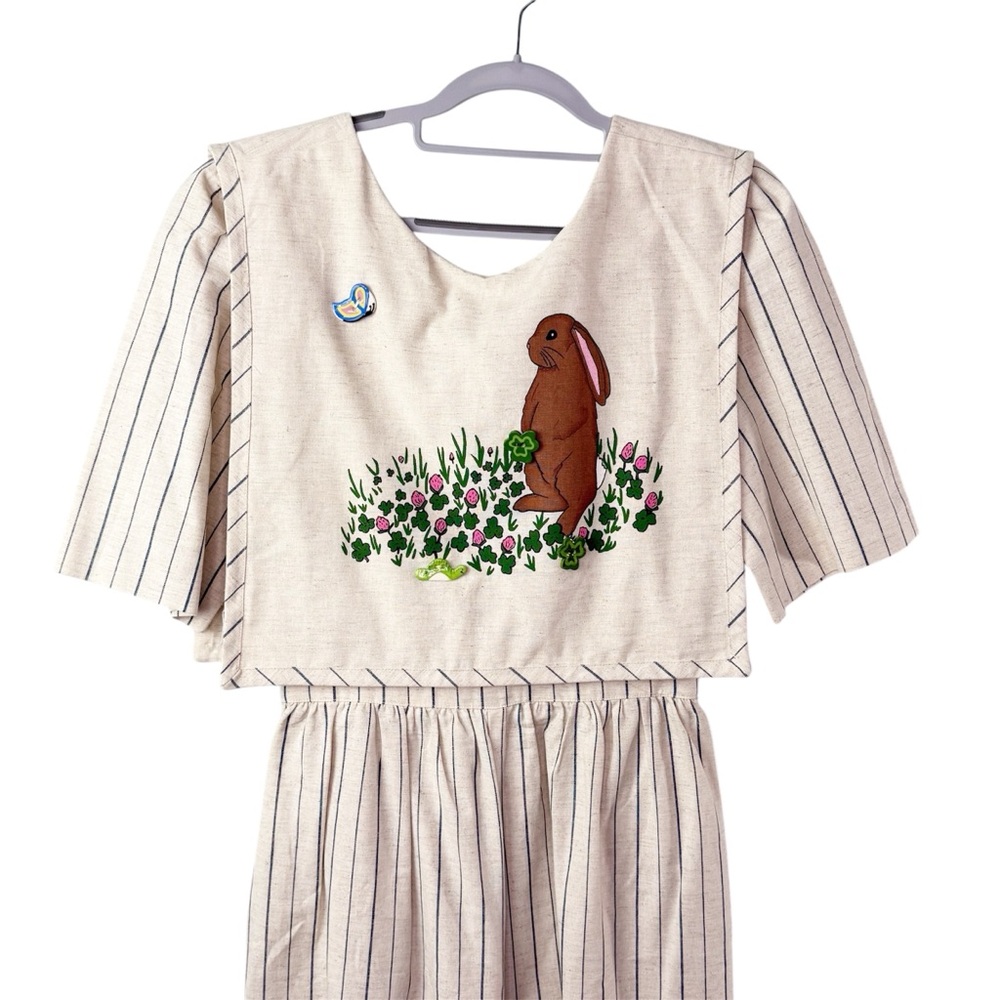 Striped Jumpsuit Romper Wide Leg Bunny Rabbit Floral Flax Cotton Bib Size 10
